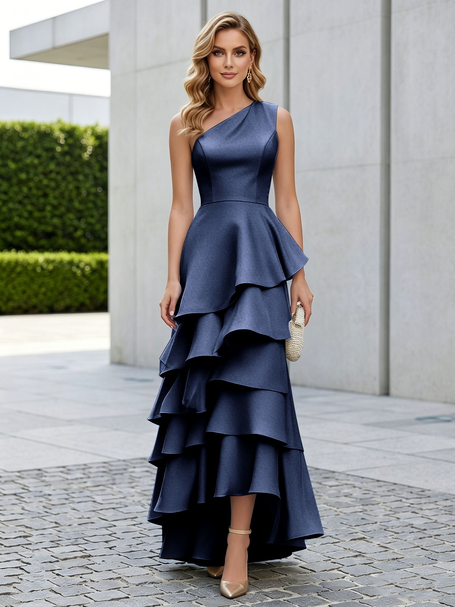 One Shoulder Tiered Ruffle Satin Mermaid Evening Gown with Sculptural Layers