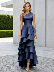 One Shoulder Tiered Ruffle Satin Mermaid Evening Gown with Sculptural Layers