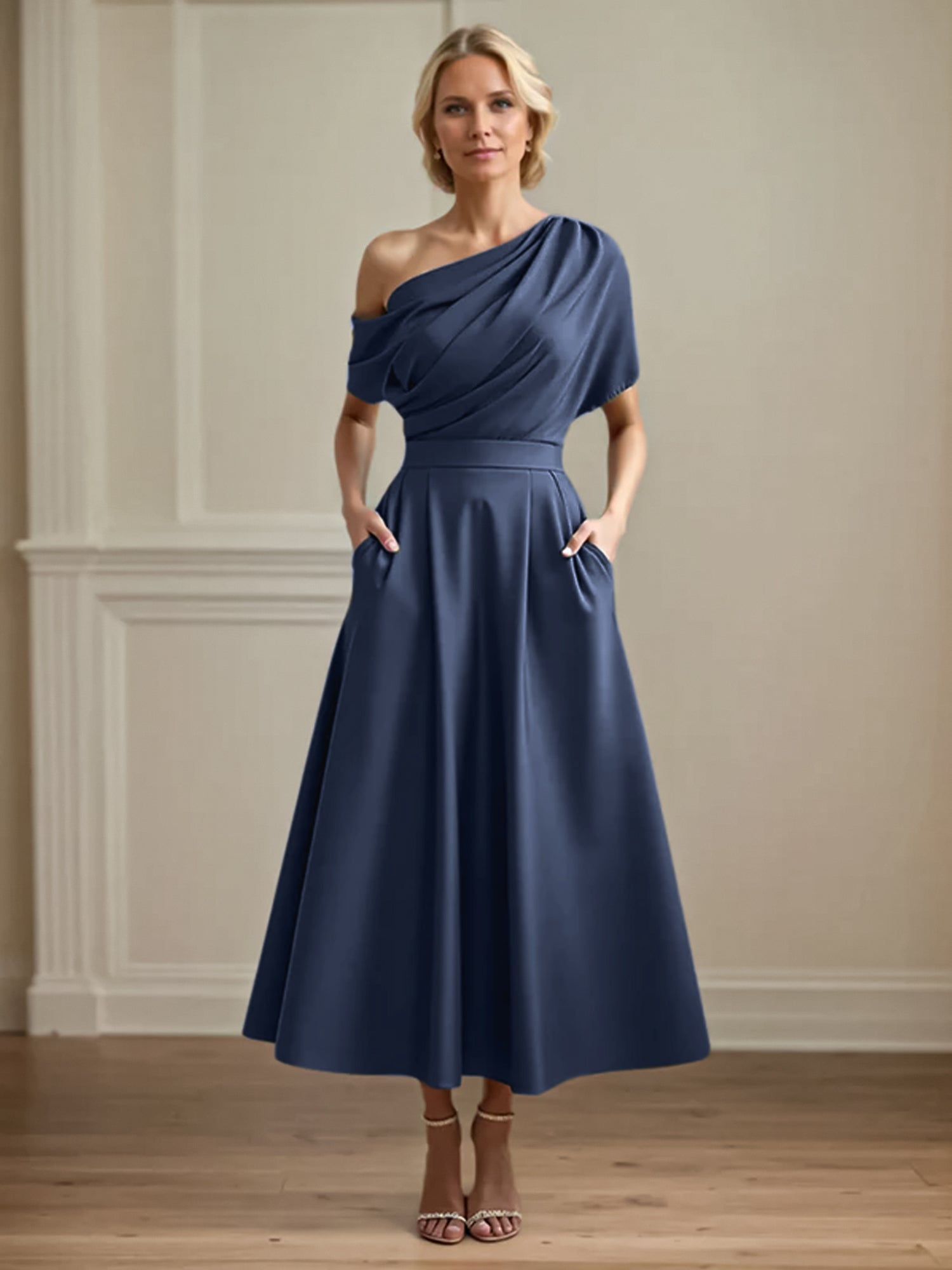 A Line Satin One Shoulder Pleated Ankle Length Mother of the Bride Dress