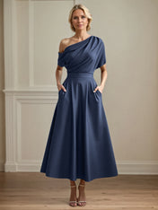 A Line Satin One Shoulder Pleated Ankle Length Mother of the Bride Dress