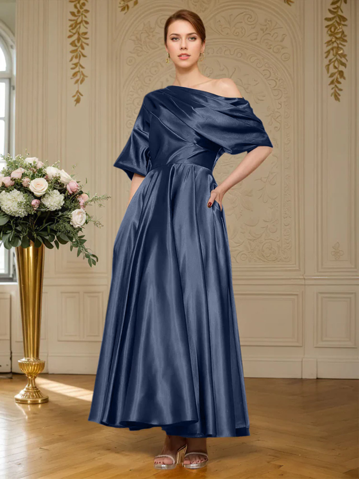A-line Short Sleeves Pleated Ankle-Length Silk like Satin Mother of the Bride Dress