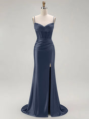 Sparkly Satin Mermaid Long Corset Prom Dress with Beading