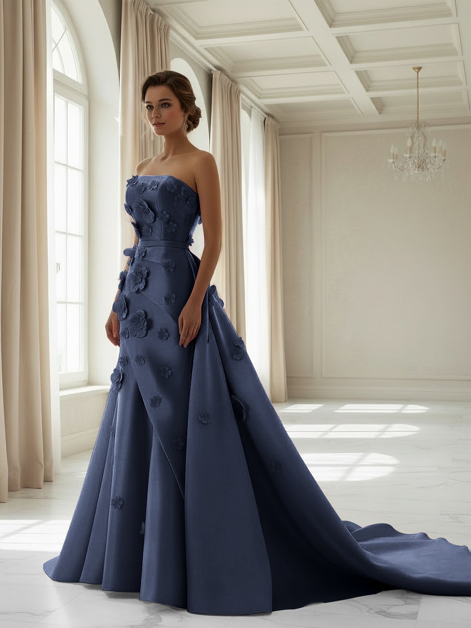 Pink A Line Satin Strapless Prom Dress with 3D Floral Appliques