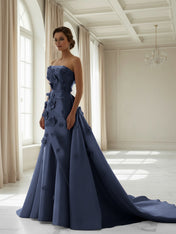 Pink A Line Satin Strapless Prom Dress with 3D Floral Appliques