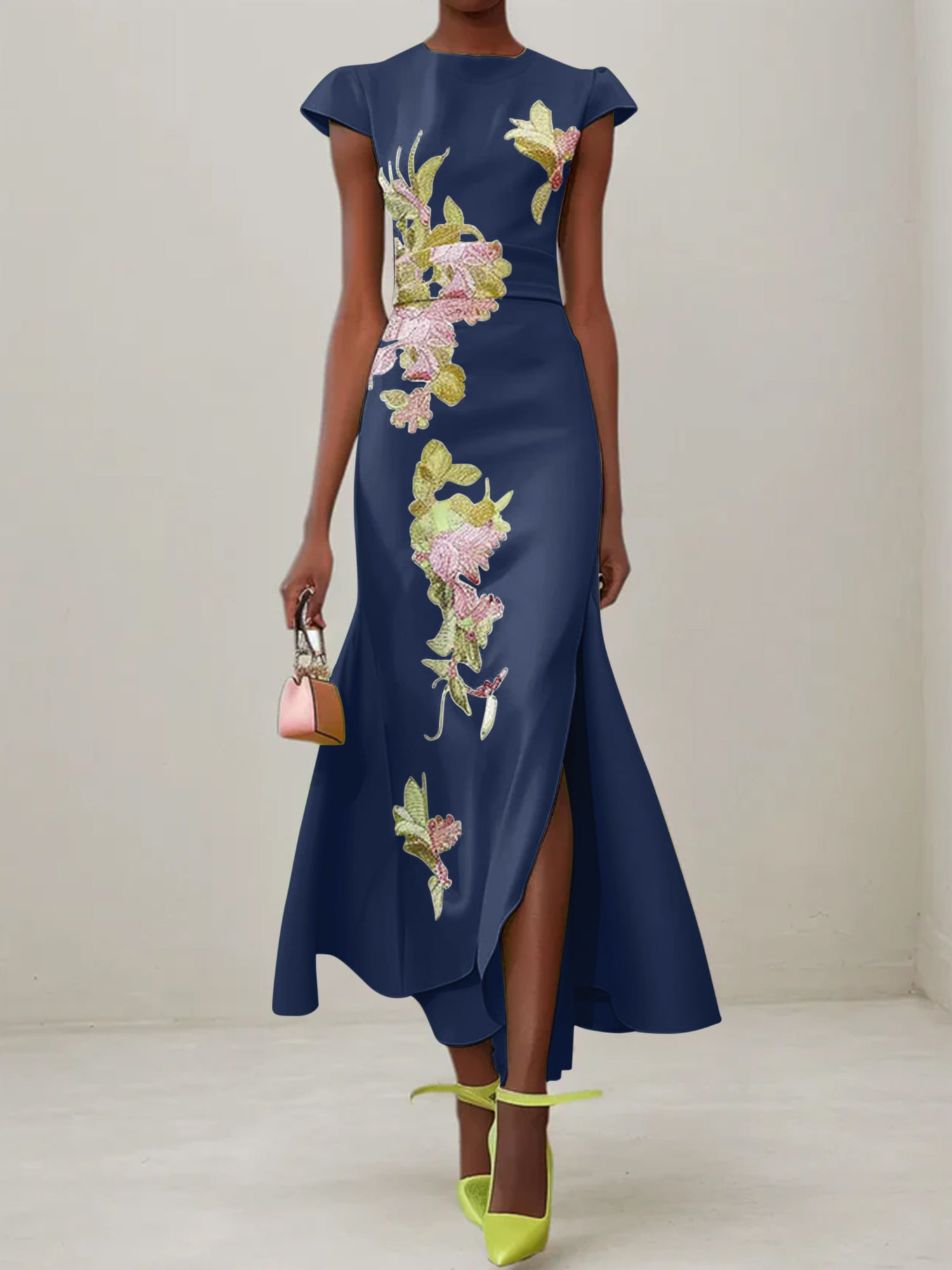 Green Floral Embroidered Cap Sleeve Slit Sheath Maxi Dress