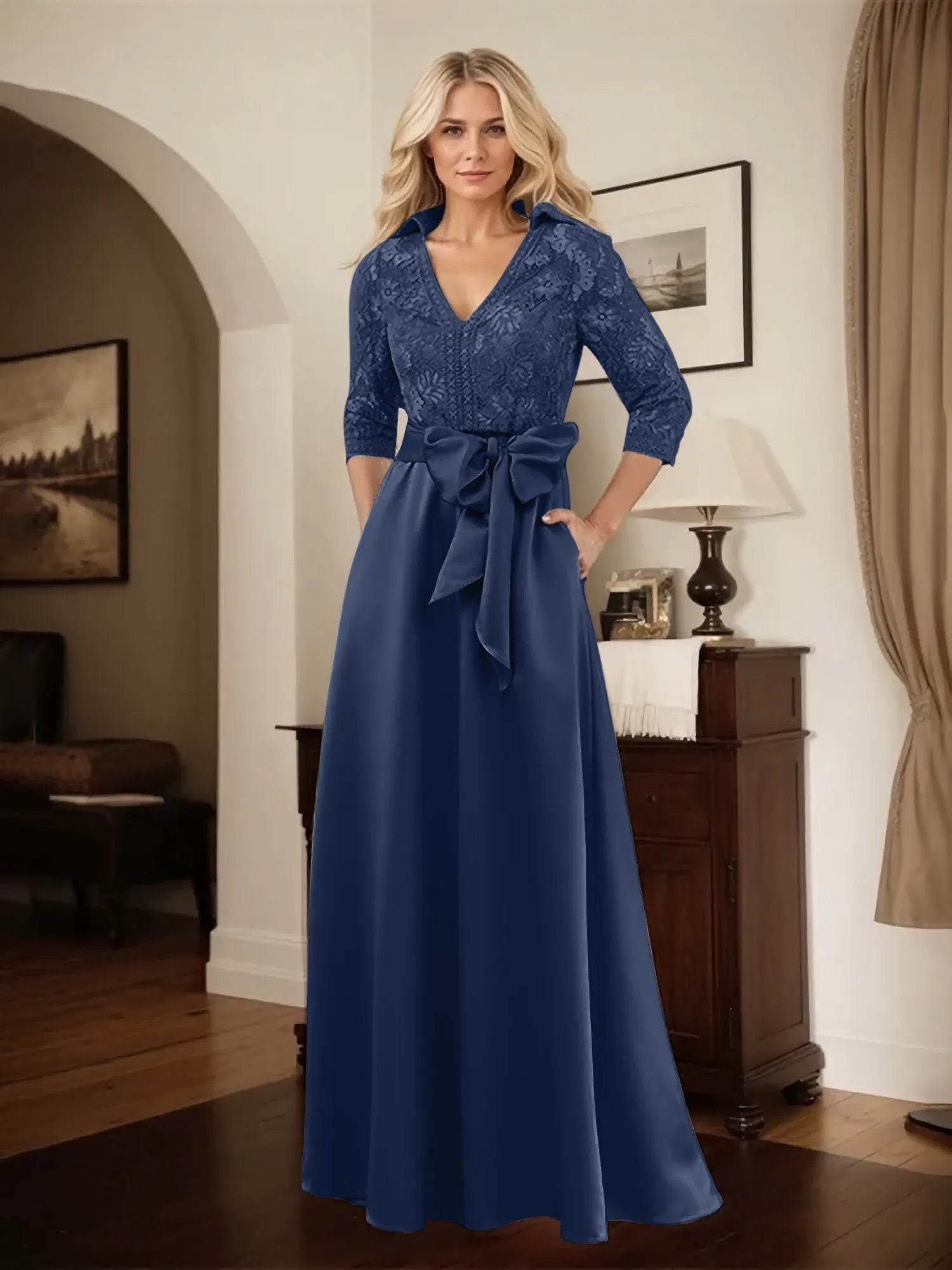 Classic V-Neck Bow Accented Satin Mother Of The Bride Dress With Lace