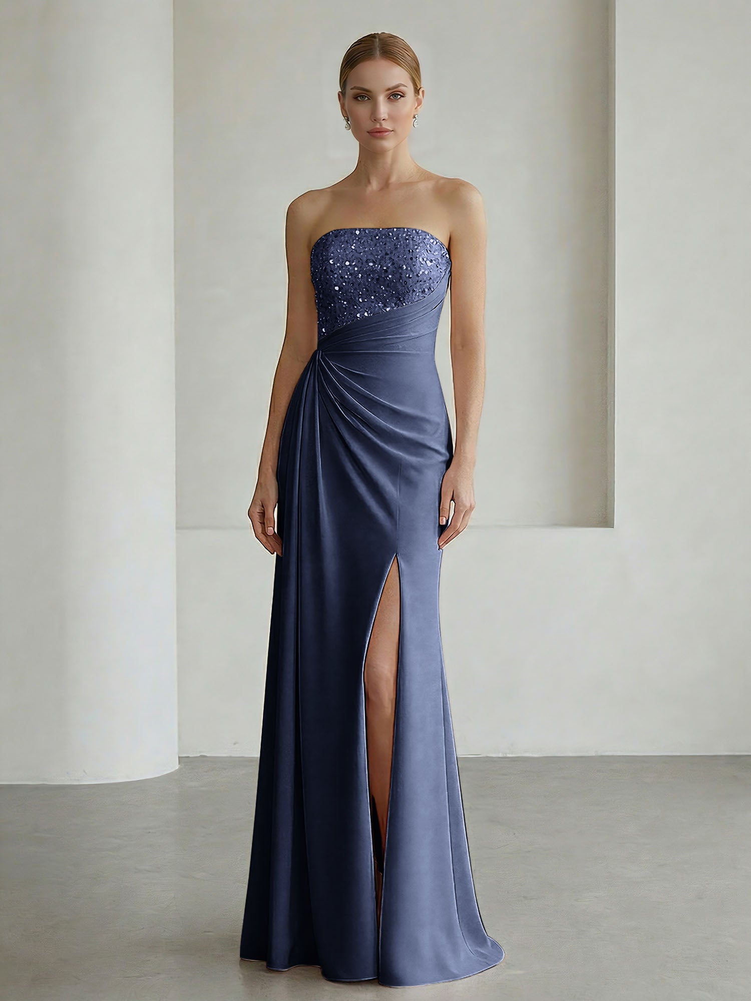 Glamorous Formal Evening Dress Soft Blush Beaded Strapless Slit Gown