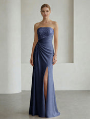 Glamorous Formal Evening Dress Soft Blush Beaded Strapless Slit Gown