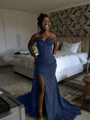 Glitter Strapless Mermaid Sequined Long Prom Dress with Slit
