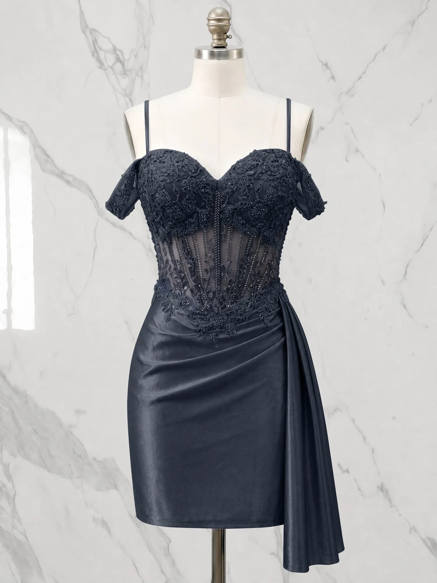Sweetheart Sheer Corset Mini Dress with Cascading Side Drape Homecoming Dresses