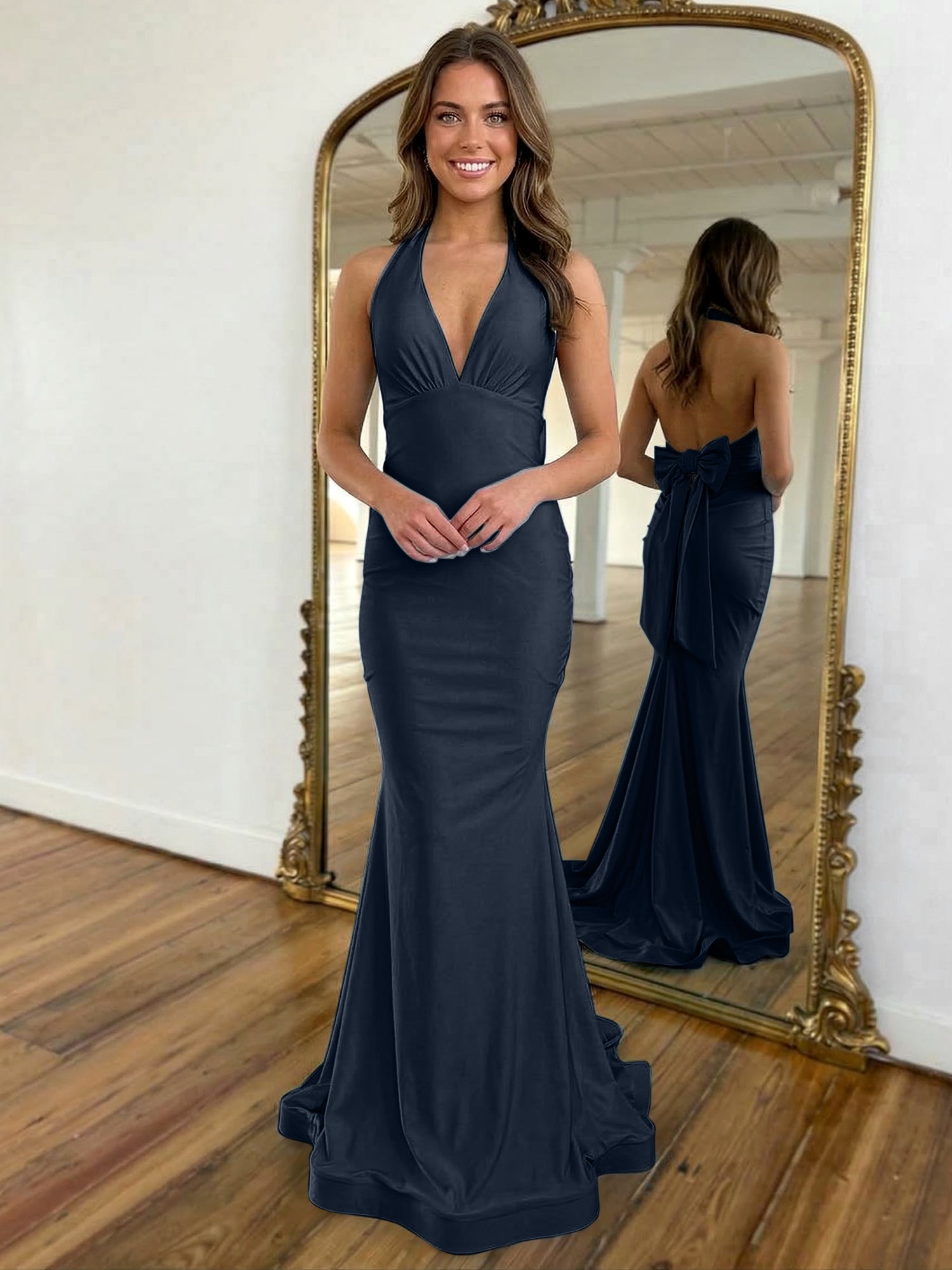 Light Blue Mermaid Halter Backless Long Prom Dress