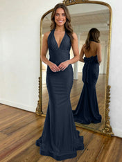 Light Blue Mermaid Halter Backless Long Prom Dress