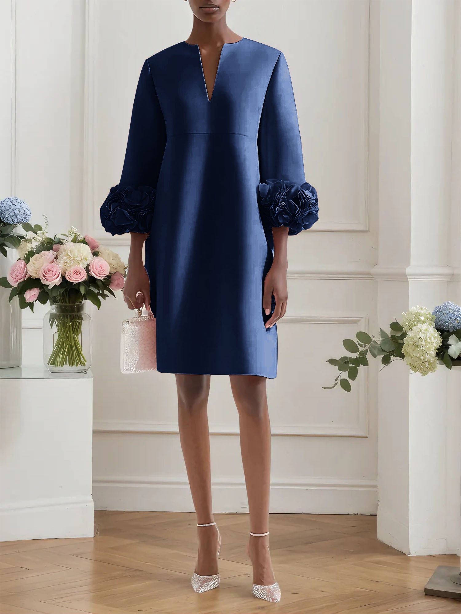 Pink 3D Floral Classic Notched Long Sleeve A-Line Midi Dress