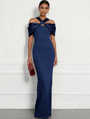 Regal Plum Crepe Column Gown with Satin Criss-Cross Halter Maxi Dress