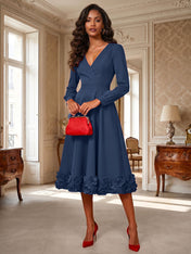 Formal Evening Gown Crimson 3D Rose Hem A-Line Midi Dress