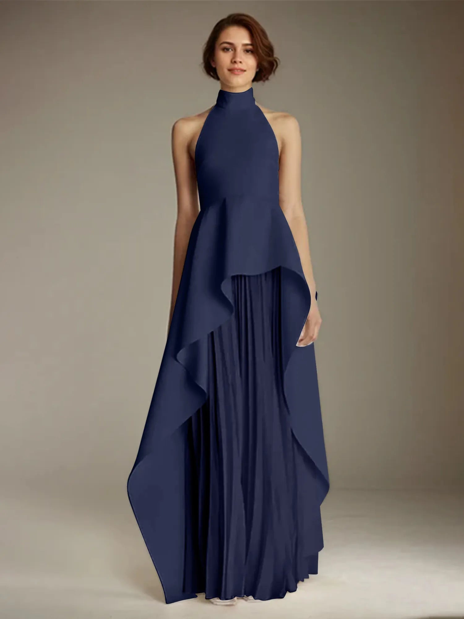 White Sleeveless High Neck Chiffon Long Formal Dress With Ruffles