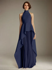 White Sleeveless High Neck Chiffon Long Formal Dress With Ruffles