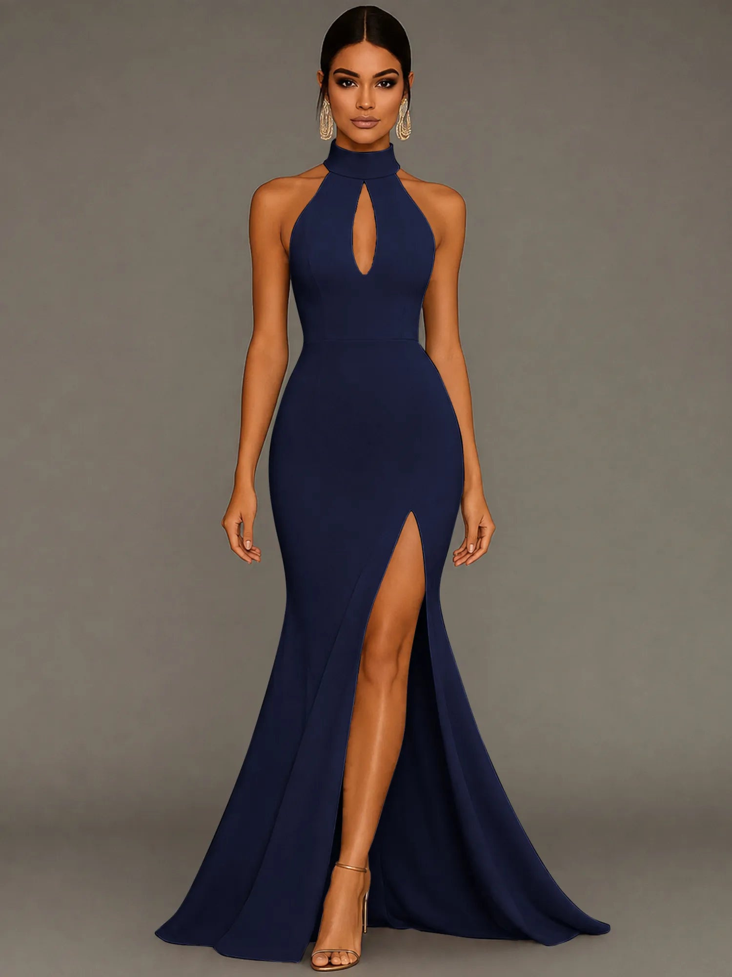 Mermaid Halter Neck Satin Formal Dress with Slit