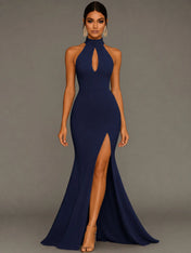 Mermaid Halter Neck Satin Formal Dress with Slit