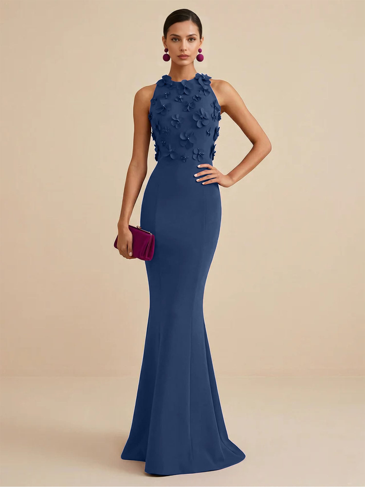 Deep Fuchsia Sleeveless High Neck 3D Floral Mermaid Formal Gown Evening Dress