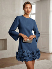 Powder Blue 3D Floral Classic Crew Neck Bell Long Sleeve Shift Mini Dress