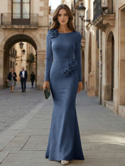 Elegant Pure White Formal Evening Dress Long-Sleeve 3D Floral Crepe Maxi Dress Gown