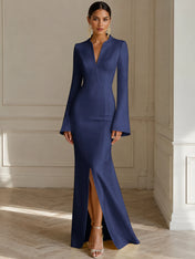 Formal Yellow V Neck Long Sleeves Floor Length Dress With Slit