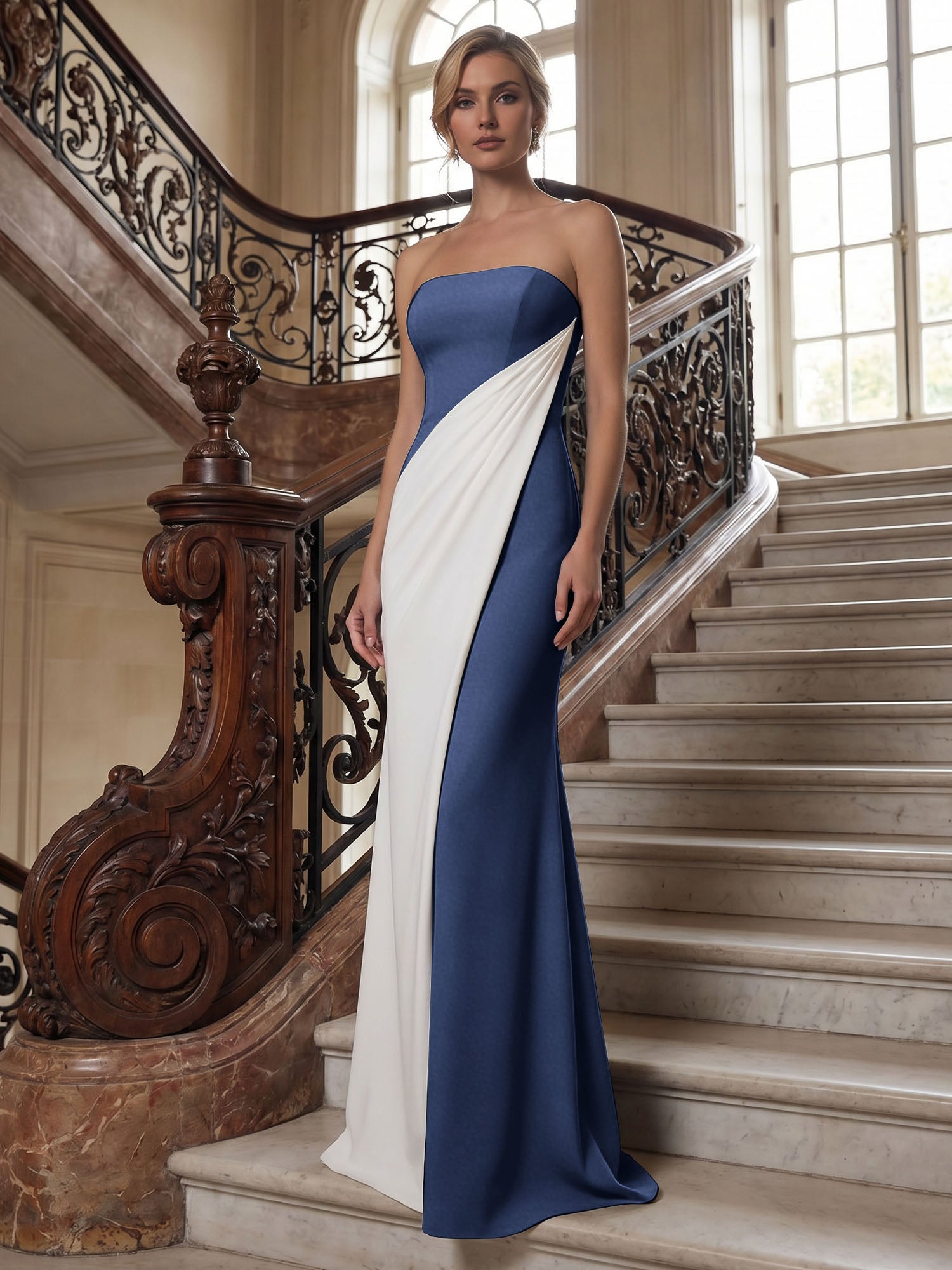 Black White Sheath Strapless Elegant Maxi Formal Dress