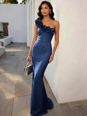 Navy Blue 3D Floral Classic One Shoulder Sleeveless Mermaid Gown Dress