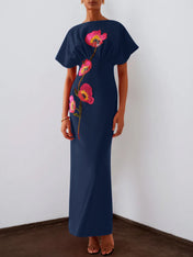 Red 3D Floral Appliqué Boat Neck Short Sleeve Backless Sheath Maxi Dress