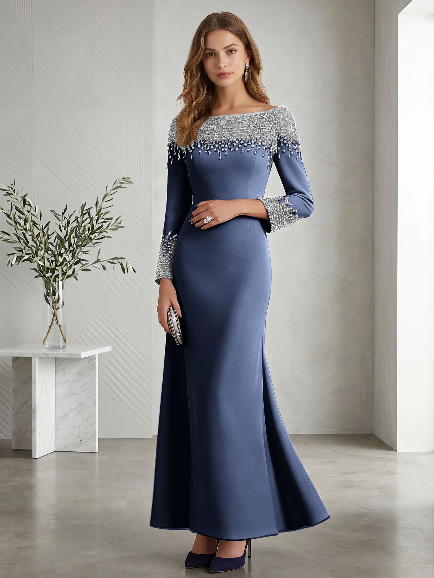 Formal Evening Dress Midnight Navy Velvet Long Sleeves Maxi Dress with Crystal