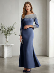 Formal Evening Dress Midnight Navy Velvet Long Sleeves Maxi Dress with Crystal