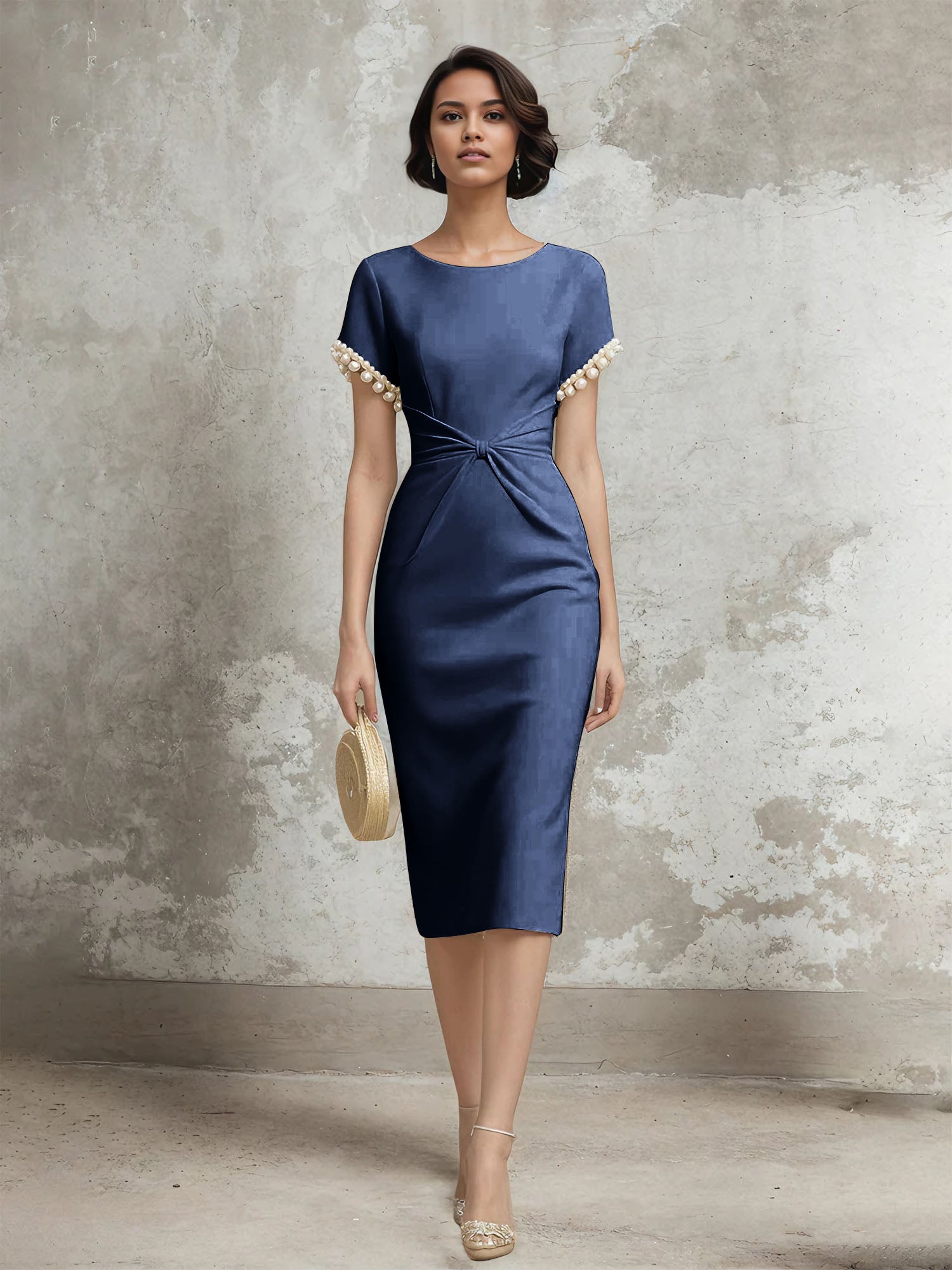 Column Short Sleeve Tea Length Dress With Pearls