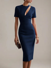 Red Sheath/Column Stretch Crepe Scoop Neck Short Sleeves Tea Length Dresses