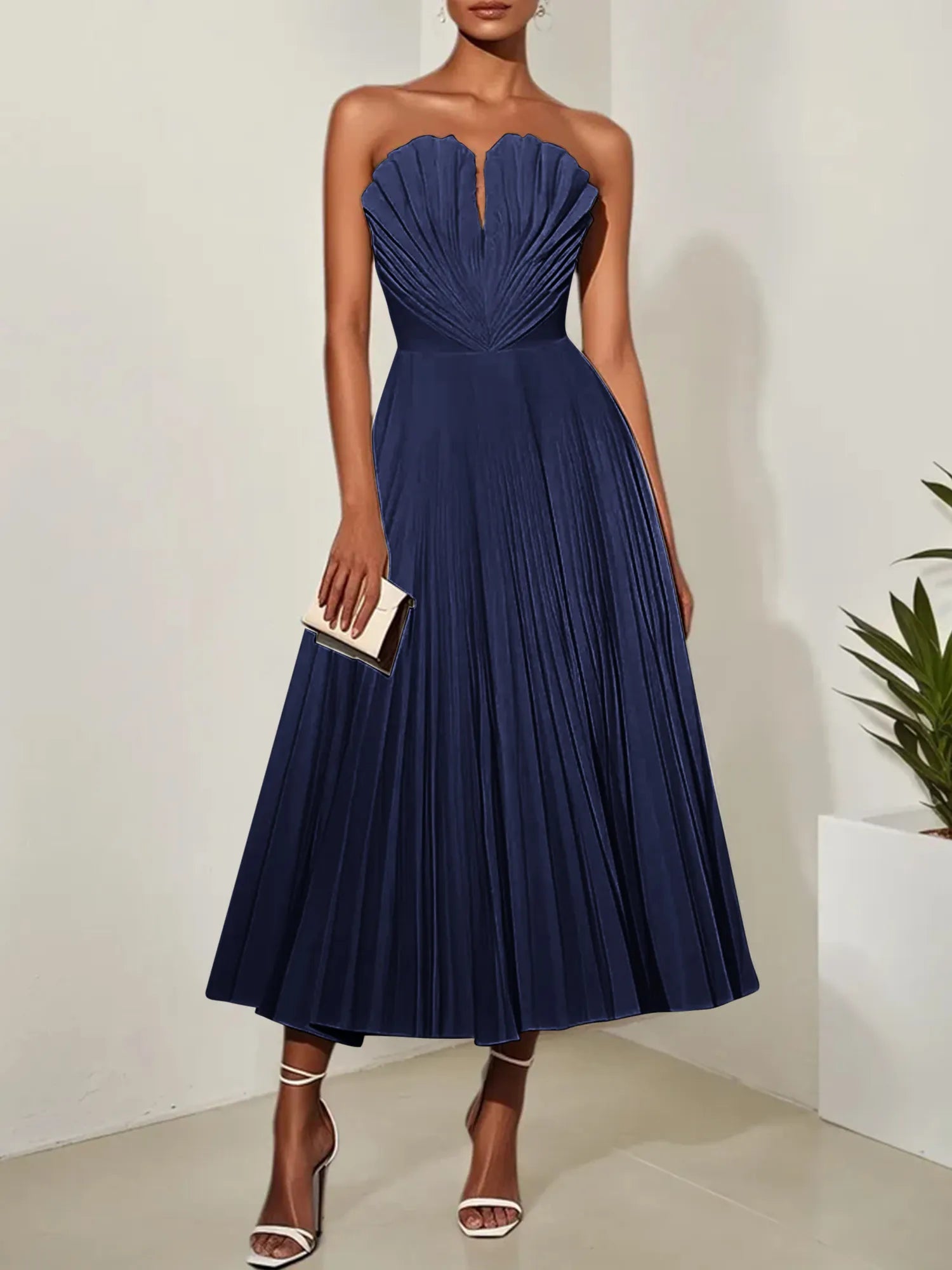 White Pleated Classic Strapless Sleeveless A-Line Midi Dress
