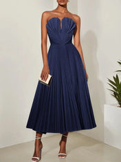 White Pleated Classic Strapless Sleeveless A-Line Midi Dress