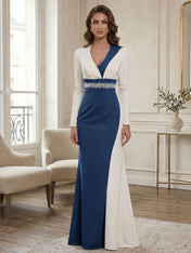 Elegant Navy & White Color-Block Long Sleeve Floor-Length Evening Gown Formal Dresses