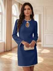 White Pearl Hollow Out Classic Crew Neck Long Sleeve Shift Mini Dress Gown