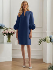 3D Floral Classic Notched Long Sleeve A-Line Midi Dress