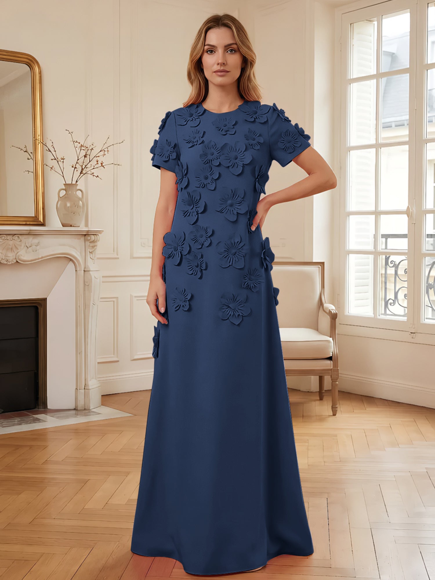 Short Sleeve Crew Neck A-Line Gown with 3D Floral Appliques Evening Dresses
