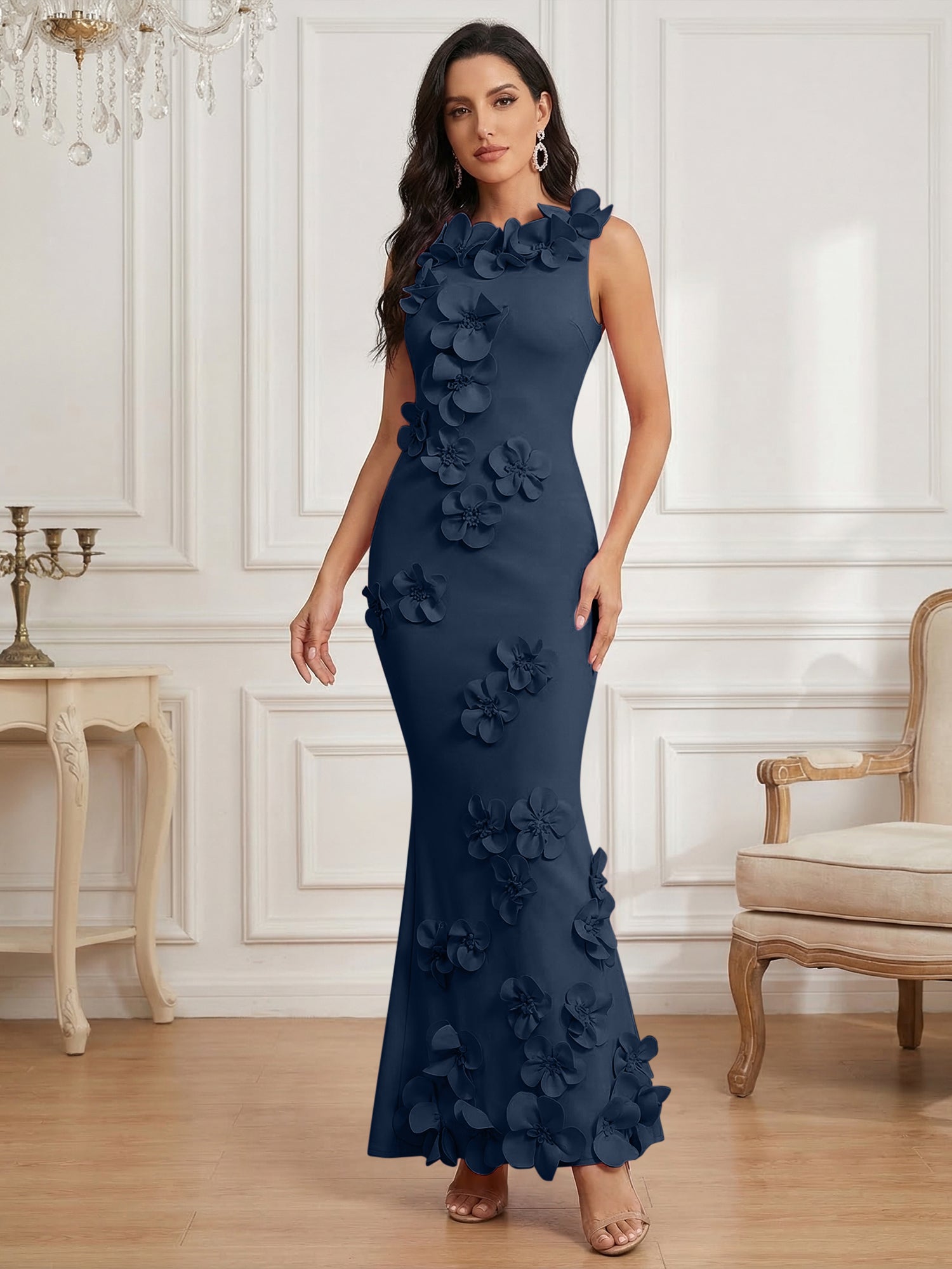 Romantic Pink Sleeveless 3D Floral Mermaid Gown