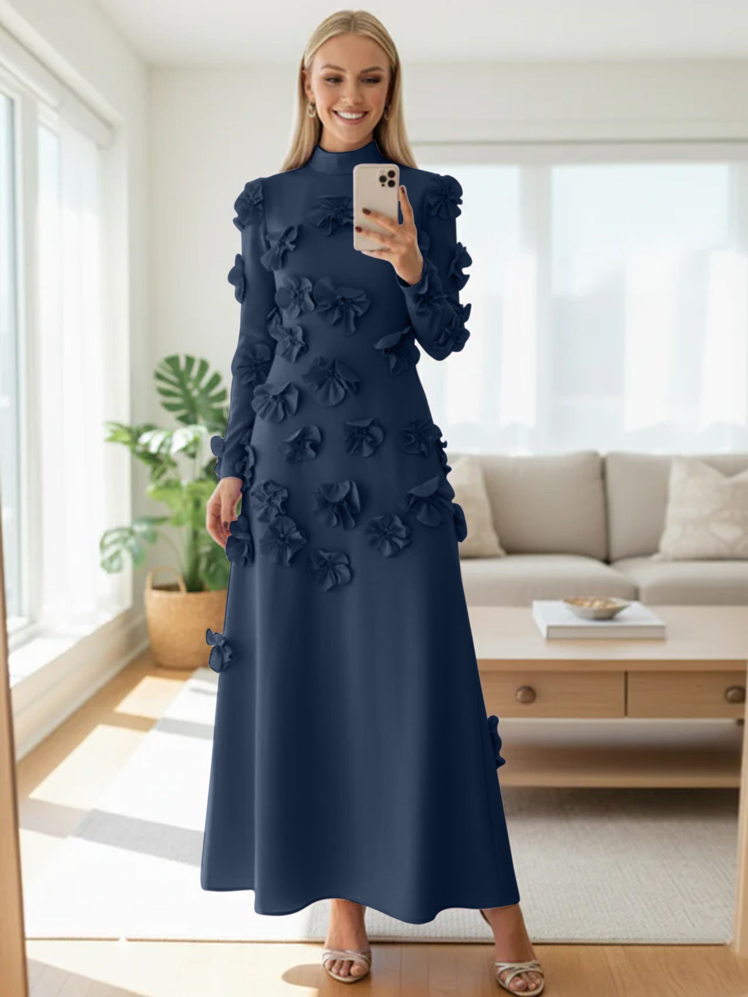 A Line High Neck Long Sleeves Floor Length Stretch Crepe Dress With 3D Flowers
