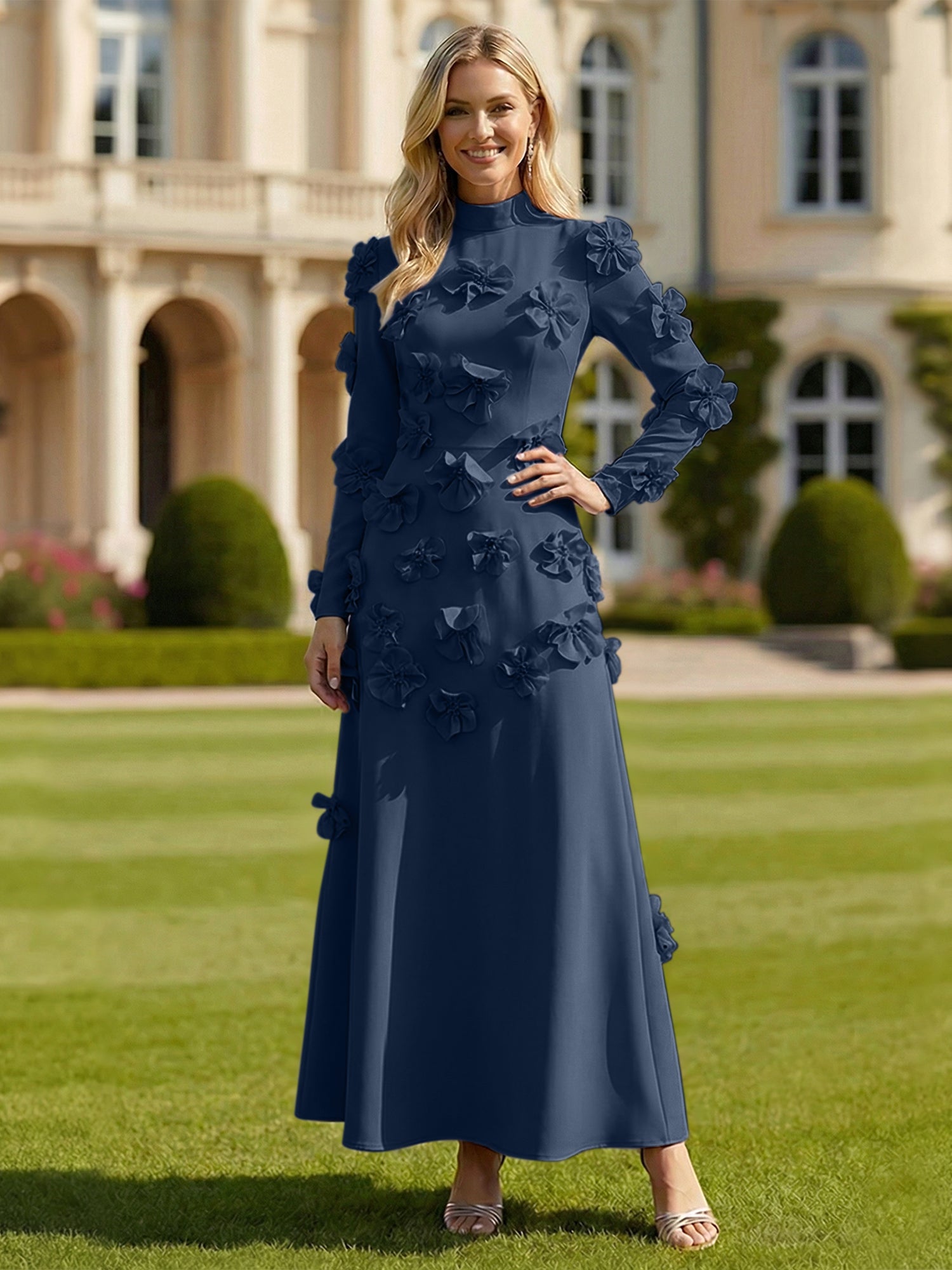 A Line High Neck Long Sleeves Stretch Crepe Dress With 3D Flowers