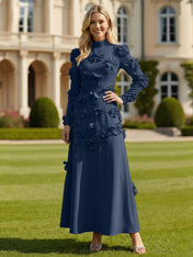 A Line High Neck Long Sleeves Stretch Crepe Dress With 3D Flowers