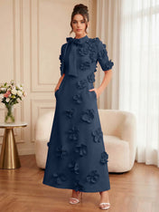 Pink Short Sleeve 3D Floral Maxi Dress Gown