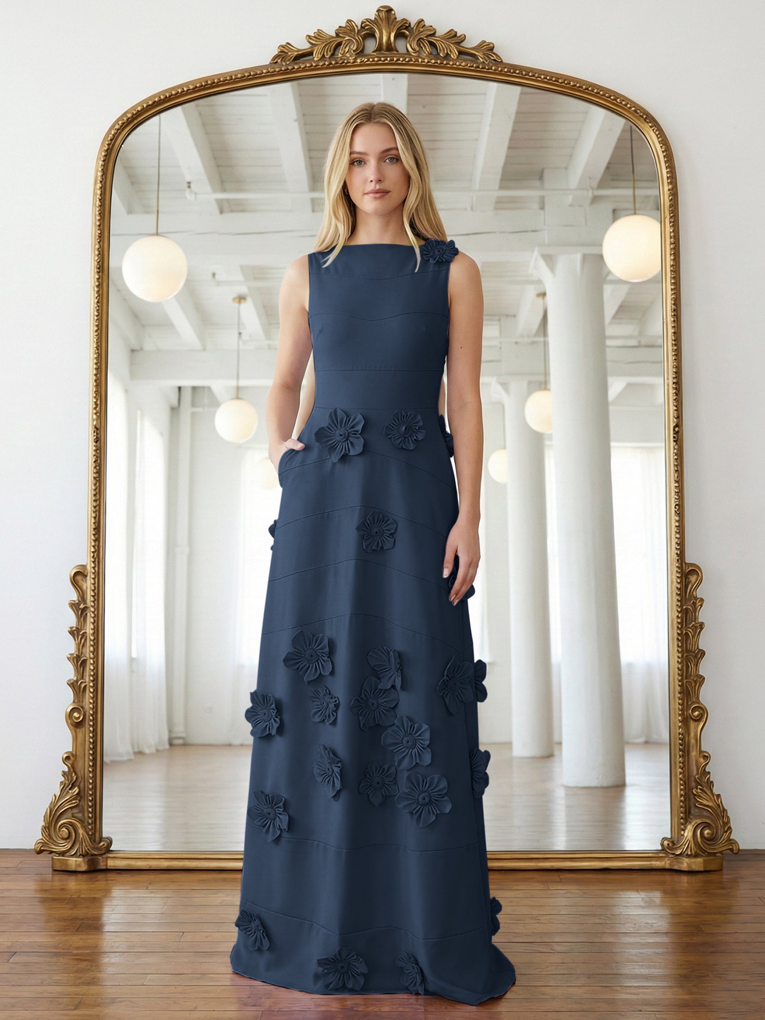 Lavender Boat Neck Formal Gown with Cascading 3D Flowers