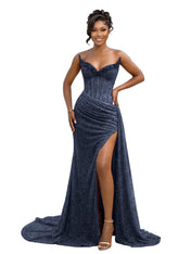 Gold Strapless Beading-Embellished Corset Prom Dress with Slit