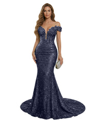 Sparkly Off The Shoulder Sequin Long Mermaid Corset Prom Dresses