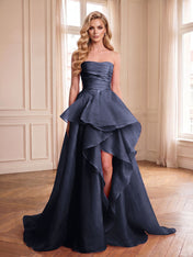 Formal Evening Tiered Dress Pink Strapless Maxi Gown