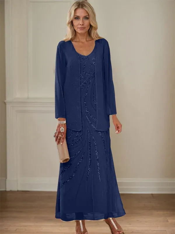 Robe de mère de la mariée fourreau/colonne, col en V, longueur cheville, avec veste et paillettes 